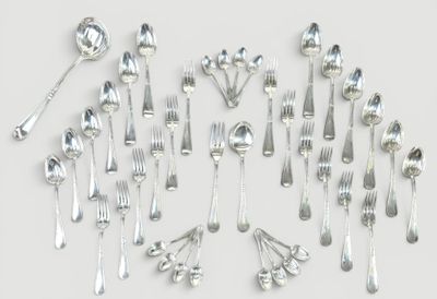 a lot of silver spoons and spoons on the table