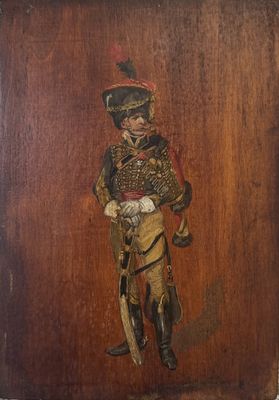 painting of a man in a military uniform on a wooden plaque