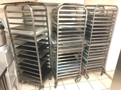 3 échelles sur roulettes en inox avec lot de grilles et plaq… - Photo 1