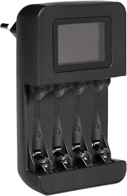 a close up of a charger with four batteries in it