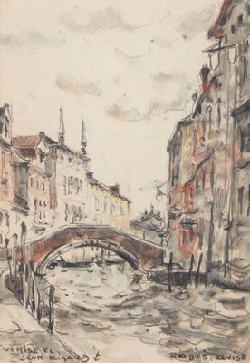 dessin représentant un canal avec un pont et des bâtiments en arrière-plan