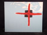 une peinture représentant une croix rouge sur fond bleu