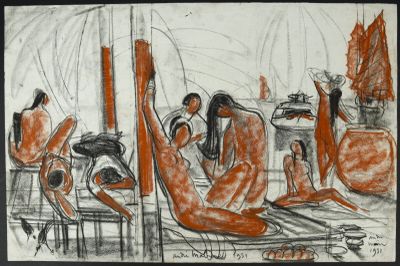 dessin représentant un groupe de nus assis sur un lit devant un miroir