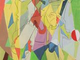 abstract painting of a man with a baseball bat and a ball