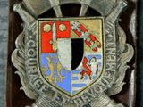 a leather badge with a coat of arms on it