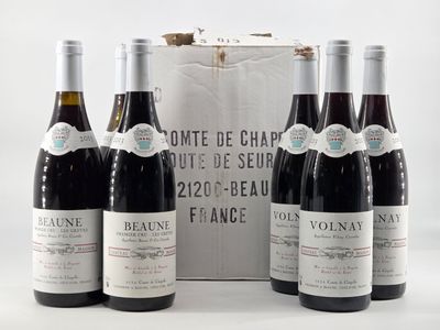 six bottles of wine are lined up in front of a white box