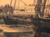 a drawing of a boat in the water with other boats in the background