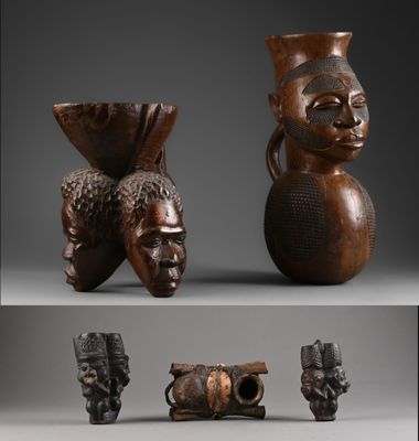 trois vues différentes d'un vase en bois orné d'un visage et d'une tête