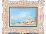 une peinture à l'huile représentant une scène de plage avec des personnes marchant sur le sable