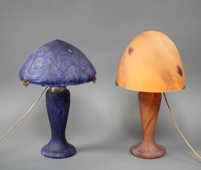 pair of art deco table lamps with shades of blue and brown