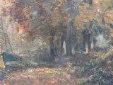 painting of a man on a horse drawn carriage in a wooded area