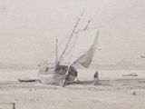 a painting of a boat on the beach with a man standing next to it