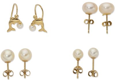 four pairs of pearl and gold earrings on a white background