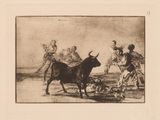 a drawing of a bull and people in a field