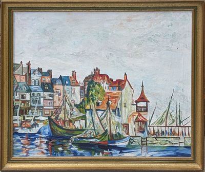 une peinture à l'huile représentant des bateaux dans un port avec des bâtiments à l'arrière-plan