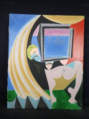 un tableau représentant une femme tenant un téléviseur posé sur une table