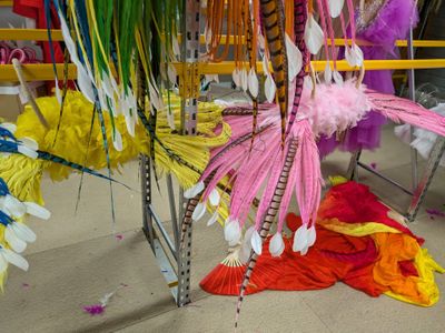 de nombreuses plumes de toutes les couleurs suspendues au plafond