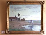 un tableau représentant un homme à cheval au bord d'une rivière
