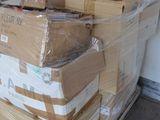many boxes stacked on top of a pallet in a garage