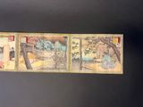 three japanese paintings of a woman in a garden and a man in a kimono