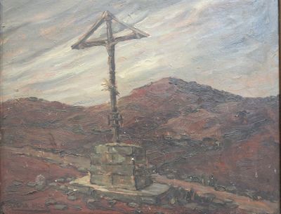 a painting of a cross on a hill with a sky background