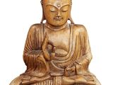 statue en bois représentant Bouddha assis en position du lotus sur fond blanc