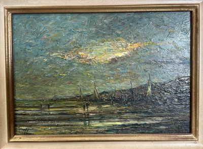 une peinture à l'huile représentant un voilier sur l'eau, avec un ciel nuageux en arrière-plan