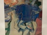 painting of a man riding a bike on a street next to a woman