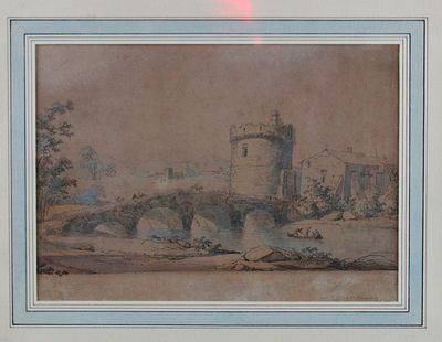 tableau représentant un château avec un pont enjambant un plan d'eau