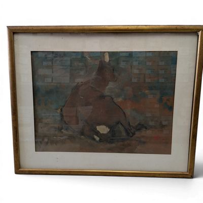painting of a horse laying down on the ground in front of a brick wall
