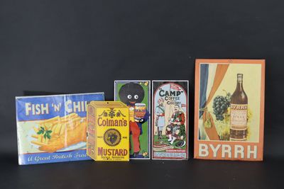 4 copies de plaques publicitaires en tôle et 1 publicité Byr…