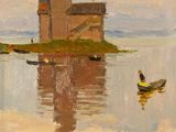 tableau représentant une église sur une petite île, avec un bateau dans l'eau