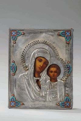 une icône en argent et émail représentant la Vierge Marie et l'Enfant Jésus