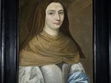 painting of a woman in a brown shawl with a red cross