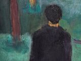 a painting of a man standing in front of a lake
