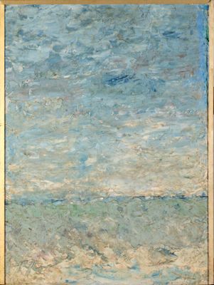 an image of a painting of a beach scene with a blue sky in the background