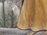 a painting of a woman in a yellow dress standing next to a stone wall