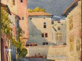 an oil painting of a street scene with buildings and a bench