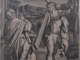 an old picture of a man carrying a cross