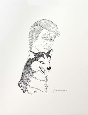 an ink drawing of a man with a dog on his shoulder