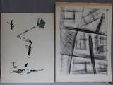 two black and white drawings of a man on a ladder