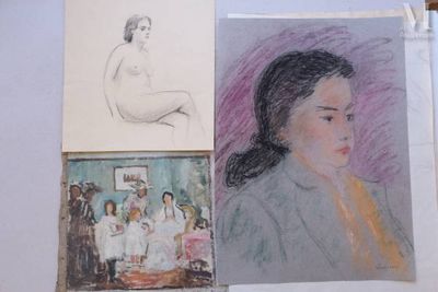 a drawing of a woman sitting in a chair next to a drawing of a woman