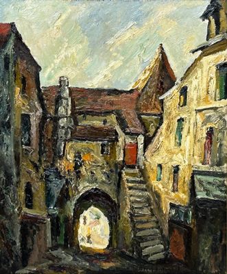 peinture représentant une scène de rue avec des bâtiments et une tour horloge