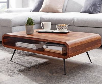 Table basse en sheesham et pieds en acier , 90x55x30 cm- ret…