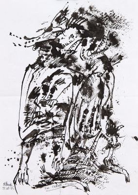 an ink drawing of a woman in a dress with a bird on her shoulder