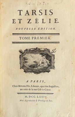 an old book with a picture of a man and a woman on it