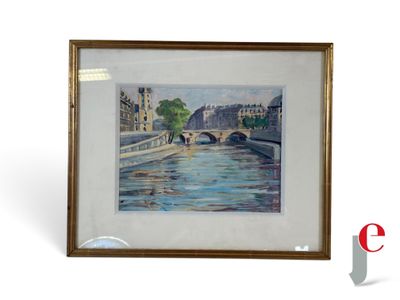 painting of a bridge over a body of water with buildings in the background