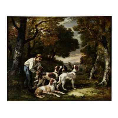 une image représentant un tableau où l'on voit un homme avec des chiens dans un environnement boisé