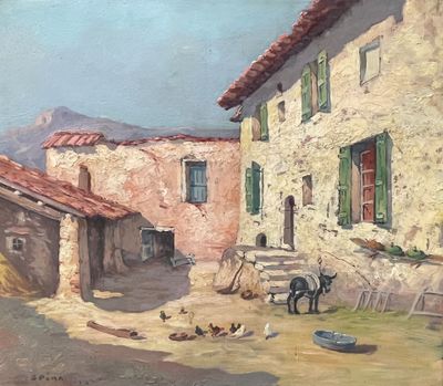 a painting of a farm scene with a cow and chickens