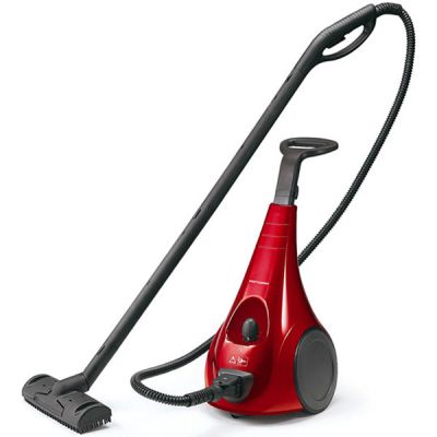 l'aspirateur rouge repose sur la surface blanche, avec un cordon noir